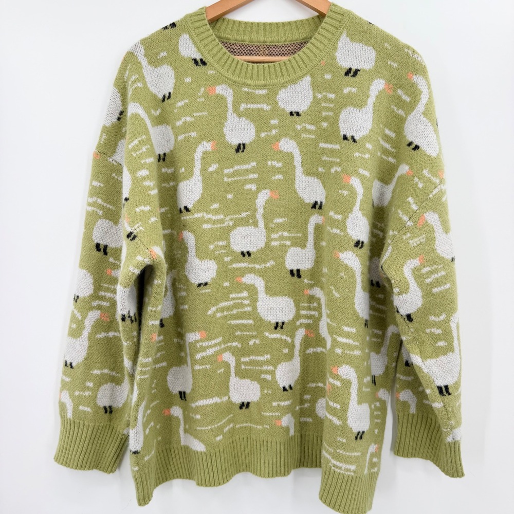 Cider Goose Pattern Knit Sweater Sage Green Crewneck Oversized 2XL